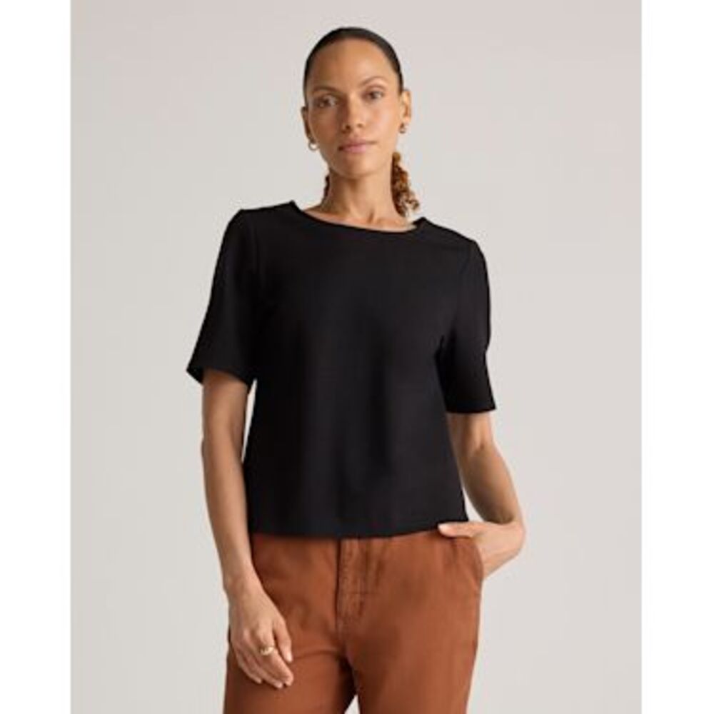 Quince Ultra-Stretch Ponte Short Sleeve Top Black Sleeved L